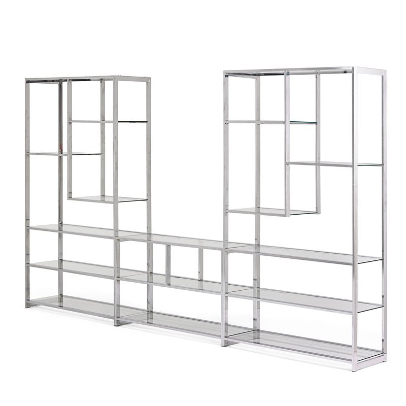 MILO BAUGHMAN Three etageres: MILO BAUGHMAN (1923 - 2003) DESIGN INSTITUTE AMERICA Three etageres, USA, 1980s Chromed steel, glass Unmarked 75" x 42" x 16", 26 1/2" x 42" x 16"