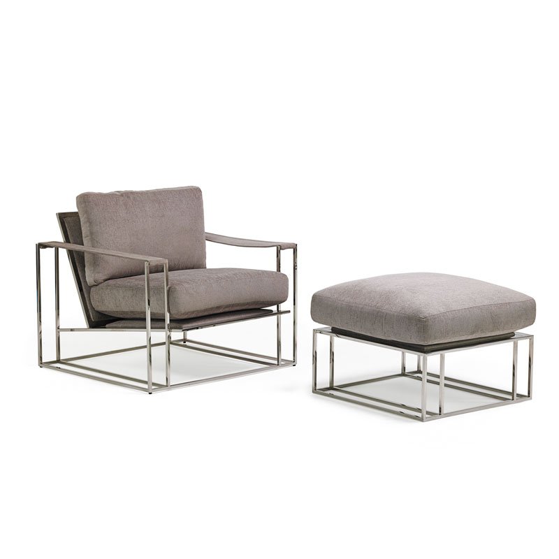 MILO BAUGHMAN Lounge chair and ottoman: MILO BAUGHMAN (1923 - 2003) THAYER COGGIN Lounge chair and ottoman, High Point, NC, 2000s Chromed steel, upholstery Upholstery label to ottoman Chair: 29" x 33" x 32", ottoman: 18" x 26" sq.