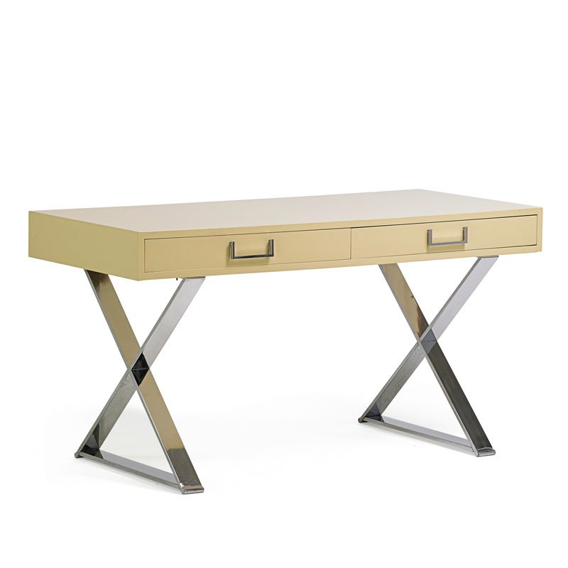 STYLE OF MILO BAUGHMAN Desk: STYLE OF MILO BAUGHMAN Desk, USA, 1970s Chromed steel, painted wood John Stuart retailer label 28 1/2" x 54" x 24"