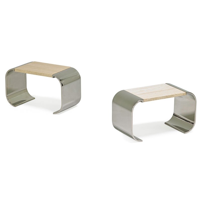 BRUETON Pair of side tables: BRUETON Pair of side tables, USA, 1970s Stainless steel, travertine Marble signed Brueton 14" x 24 1/2" x 12"
