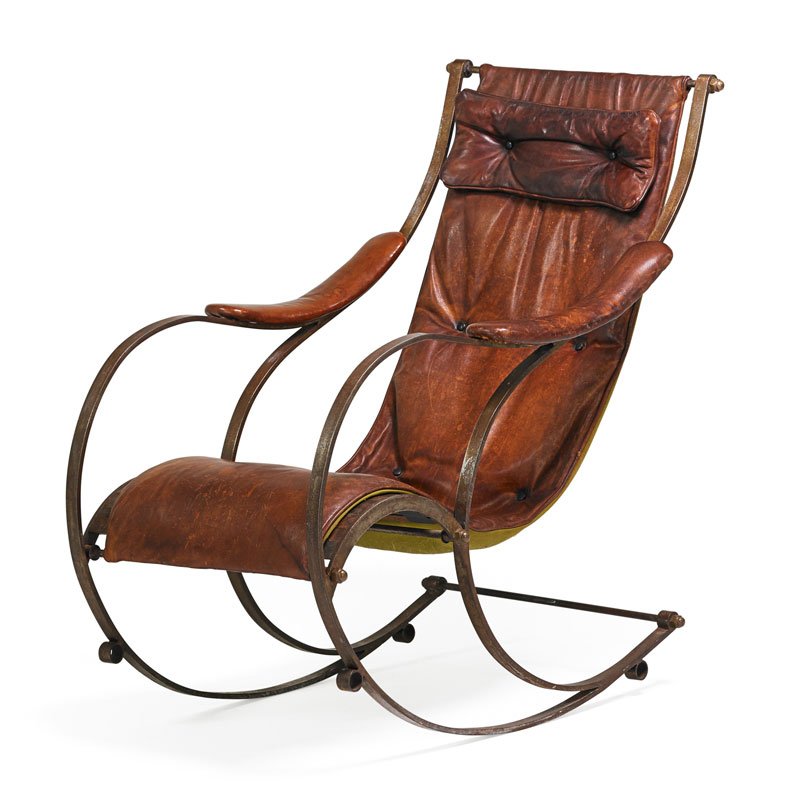 BRITISH Rocking chair: BRITISH Rocking chair, late 19th C Bent steel, brass, stained wood, leather Unmarked 39 1/2" x 25" x 40"