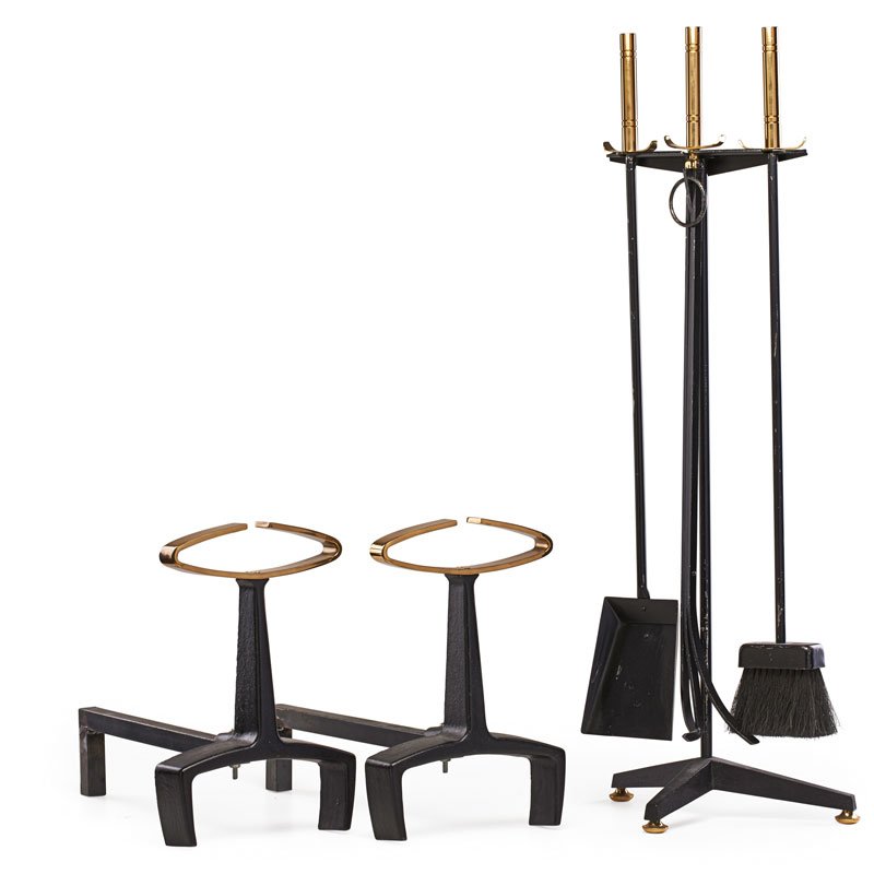 DONALD DESKEY Fireplace tools, pr. andirons: DONALD DESKEY (1894 - 1989) BENNETT Pair of andirons and three fireplace tools on stand, USA, 1920s Enameled metal and iron, brass Unmarked Fire tools on stand: 33 3/4" x 12" x 7"