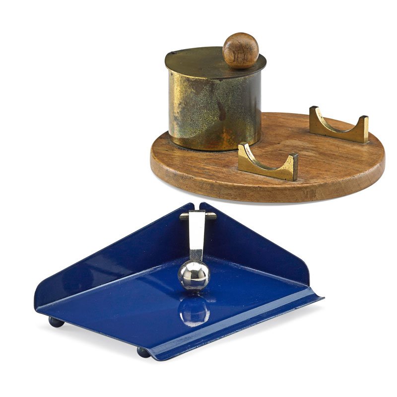MARIANNE BRANDT Paper holder, inkwell: MARIANNE BRANDT (1893 - 1983) RUPPELWERK Paper holder and inkwell, Gotha, Germany, 1930s Chromed and enameled metal, wood, brass, glass Paper holder unmarked, inkwell stamped, Ruppel geschutzt Paper h