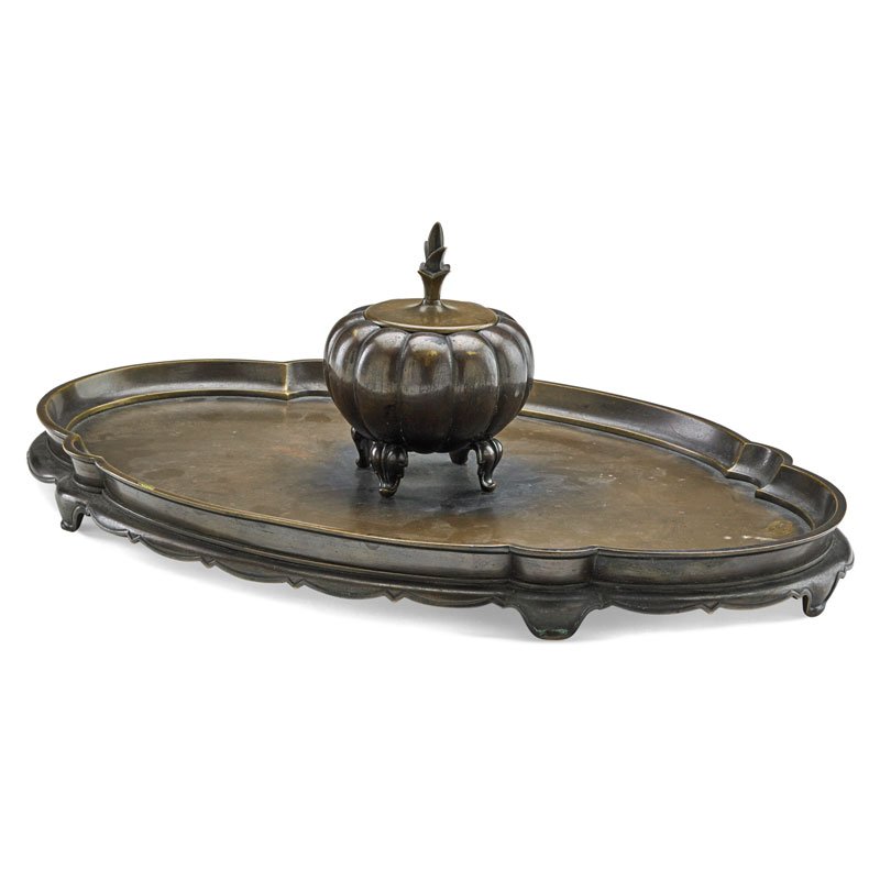 DAGOBERT PECHE; WIENER WERKSTATTE Inkwell: DAGOBERT PECHE (1887 - 1923) WIENER WERKSTATTE Inkwell, Austria, ca. 1918-20 Bronze, ceramic Stamped WW WIENER WERKSTATTE/P 5 1/2" x 15 1/4"