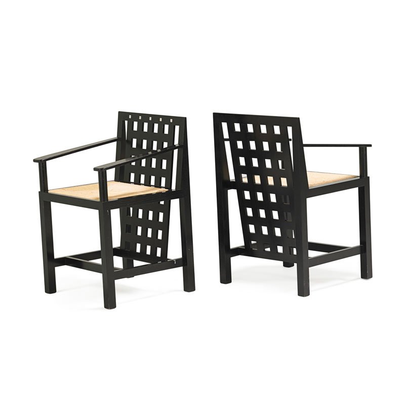 AFTER MACKINTOSH; CASSINA Pair of side chairs: AFTER CHARLES AND RENNIE MACKINTOSH CASSINA Pair of 324 D.S.3 chairs, Italy, 1990s Stained ashwood, mother-of-pearl, twisted fiber Manufacturer markings 29 1/2" x 19 1/2" x 18"