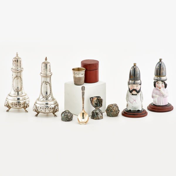 STERLING, ETC.: Nine pieces including two American salt and peppers, three Italian sterling form candies, oversized sterling thimble with case, etc; Some marked; Tallest: 6" x 2 1/2"; 12.2 ozt.