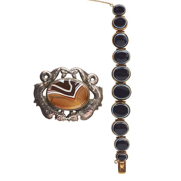 TWO PIECES BANDED AGATE AND GOLD OR SILVER JEWELRY (1 of 1)