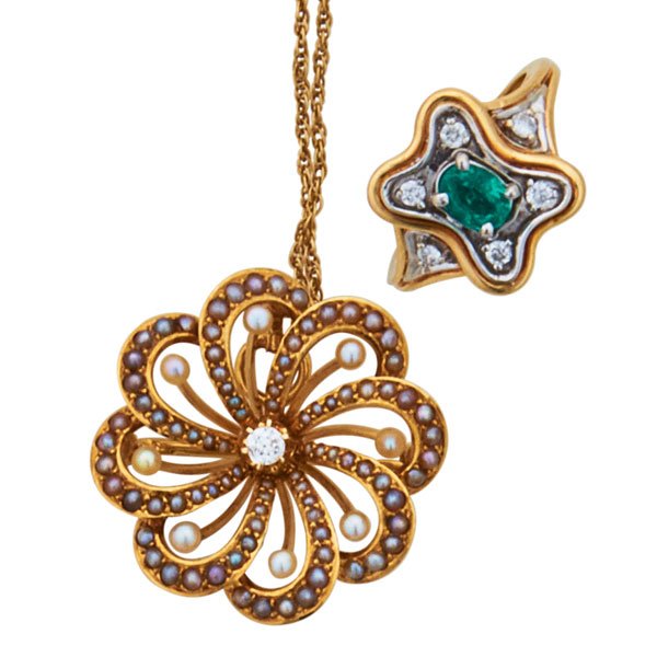 YELLOW GOLD PEARL, DIAMOND PENDANT & EMERALD RING (1 of 1)