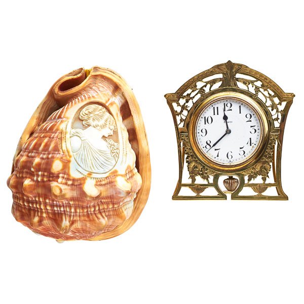 EDWARDIAN GOLD DESK CLOCK & CARVED HELMET SHELL (1 of 1)