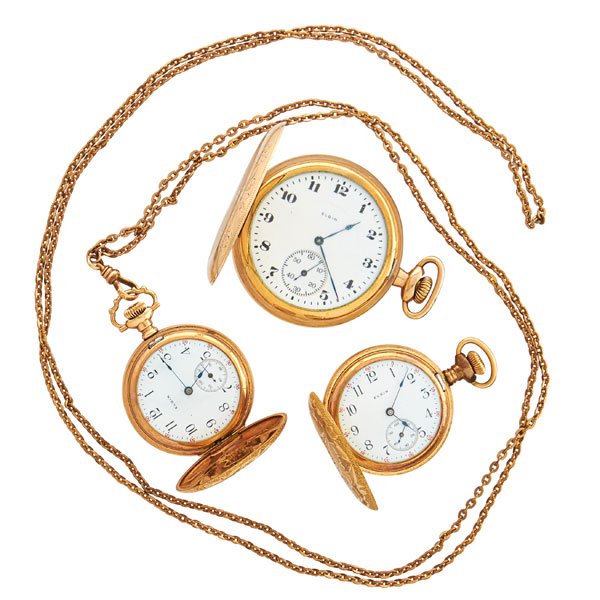 THREE GOLD FILLED ELGIN HUNT CASE POCKET WATCHES (1 of 3)