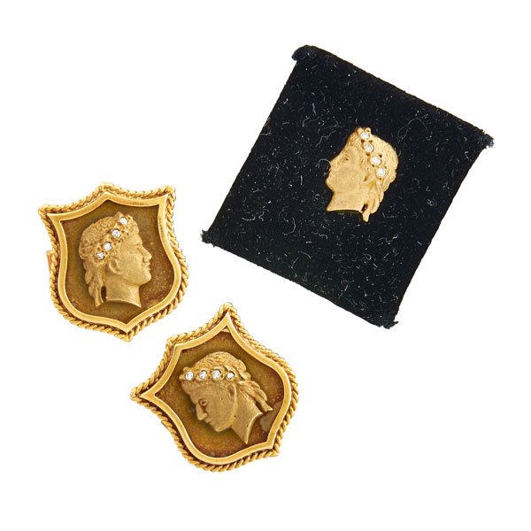 14K YELLOW GOLD DIAMOND CUFFLINKS AND STUD (1 of 1)