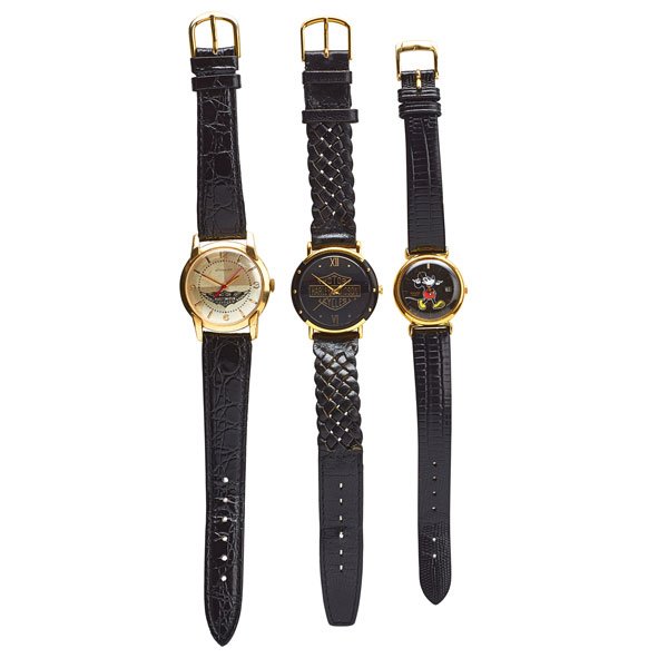 HARLEY DAVIDSON OR MICKEY MOUSE WRISTWATCHES: Three pieces. Gentlemen's Wittnauer, 17 jewels, ca. 11ESB, 10k gold filled case, 34 mm. sateen dial with gold bar and Arabic quarter markers, red sweep second hand, Harley Davidson Motorcycle logo, bl