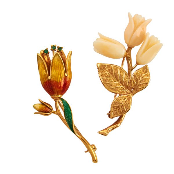 TWO YELLOW GOLD, GEM-SET FLOWER BROOCHES (1 of 1)