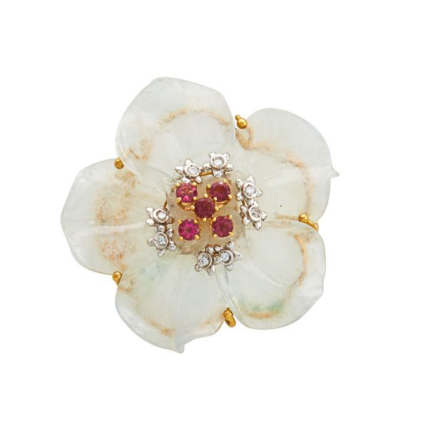 ROCK CRYSTAL, DIAMOND AND PINK TOURMALINE FLOWER BROOCH (1 of 1)