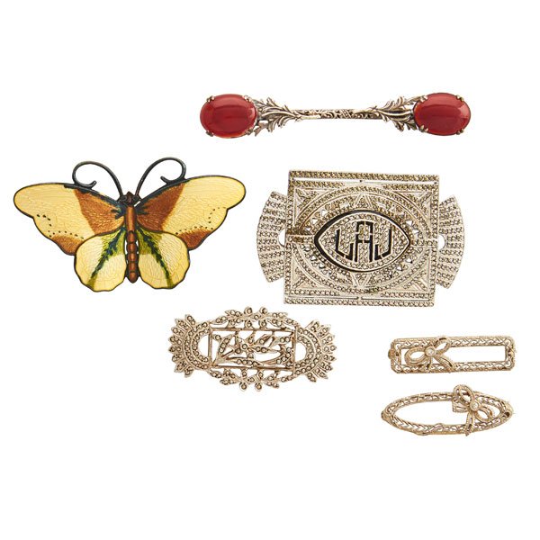 WHITE GOLD, ENAMEL OR MARCASITE SILVER BROOCHES (1 of 1)