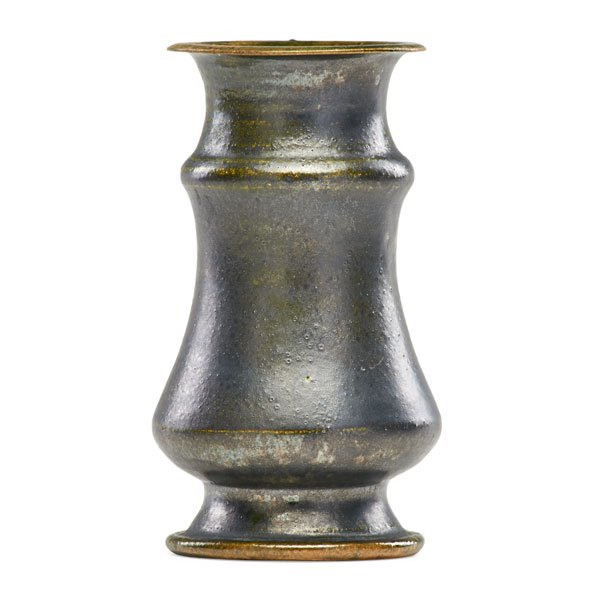 GEORGE OHR: Baluster vase, gunmetal and green glaze, Biloxi, MS, 1895-6; Stamped G.E. OHR, BILOXI,; 4 3/4" x 2 1/2"
