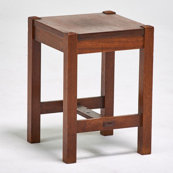 L. & J. G. STICKLEY: Mahogany tabouret, Fayetteville. NY, ca. 1911; Unmarked; 18" x 13" x 13"