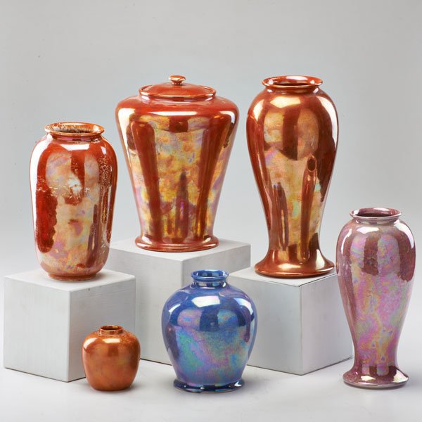RUSKIN POTTERY: Six lustre vases in mottled glazes, England, early 20th c.; All marked; Tallest: 10 1/2" x 4 1/2"