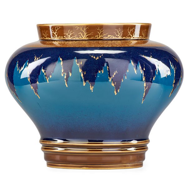 KPM PORCELAIN JARDINIERE: Slip-decorated Aesthetic Movement design in teal and deep pantone glaze with gilt highlights and trim, ca. 1880; Scepter mark with Srg.P; 13"