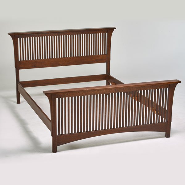 STICKLEY BY E.J. AUDI: Contemporary queen-sized spindle bed, Manilus, NY, 1998; Quartersawn oak, patinated metal; Branded mark and metal tag; 49 1/4" x 70 1/4" x 87"