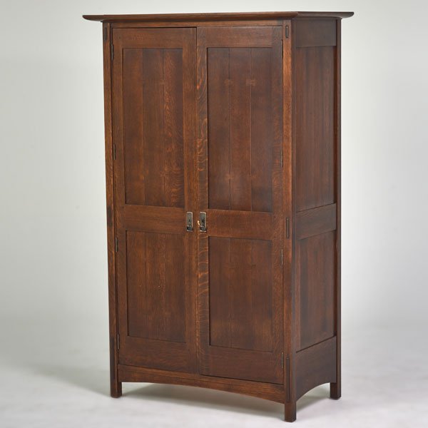 STICKLEY BY E.J. AUDI: Contemporary linen press, Manilus, NY, 1990s; Quartersawn oak, patinated metal; Branded mark and metal tag; 78" x 48" x 24 1/2"