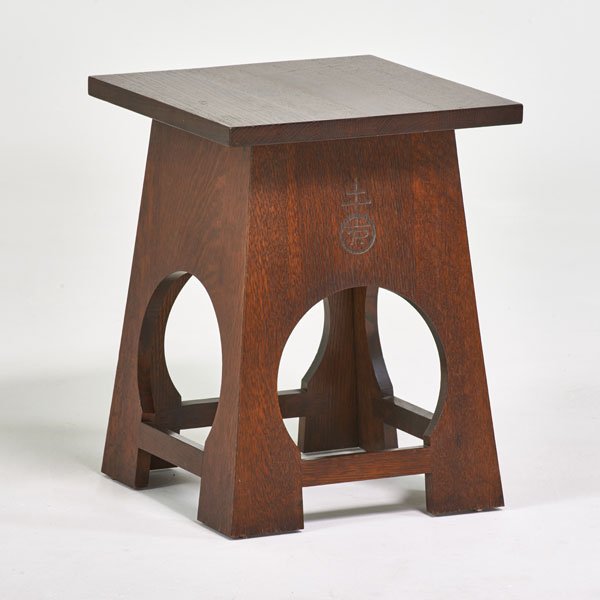 STICKLEY BY E.J. AUDI: Contemporary tabouret in the style of Roycroft, Manilus, NY; Quartersawn oak; Branded mark and metal tag; 20 1/2" x 16" x 16"