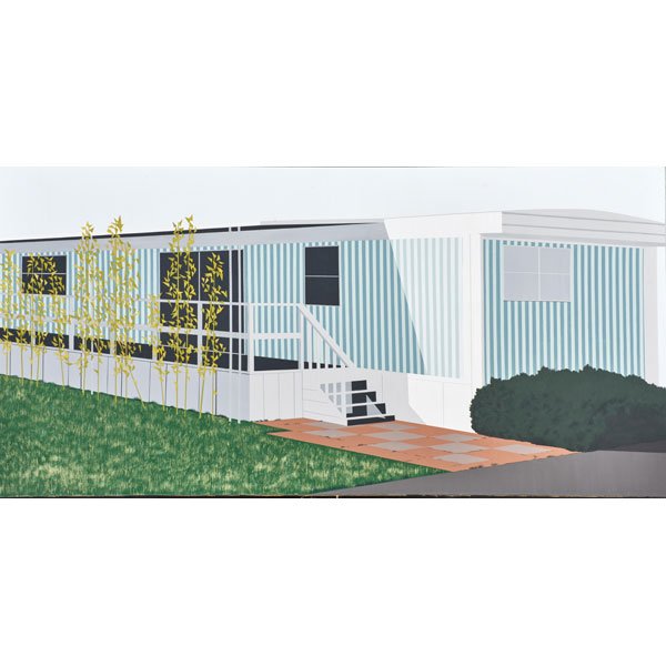 LIAM JONES (American, 20th c.): Acrylic and collage on board of a trailer home, 2002; Signed and dated; 24" x 48"