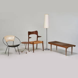 ALBERT LARSSON, NILS MOLLER; ETC: Larsson side table, Moller armchair, ring chair, expanding bench, floor lamp, Denmark/Yugoslavia/USA, ; Teak, beech, metal, cord seating, vinyl upholstery; Moller marked; Moller: 34 1/2" x 21" x 19",