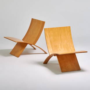 JENS NIELSEN; WESTNOFA: Pair "Laminex" lounge chairs, Norway, 1960s; Beech plywood; Unmarked; 27 1/2" x 21 1/2" x 30"