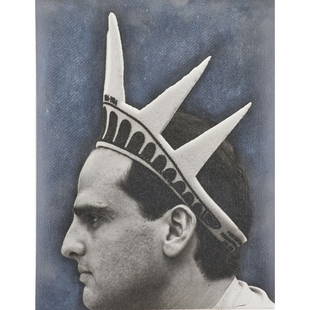 NAOMI SAVAGE (American, 1927-1995): Four works on paper; Photograph, "Larry as Liberty," 1986, signed, titled and dated; Photographic print, "Mask," 1999, signed, titled and dated; Untitled collaged mixed media; Untitled statue in lands