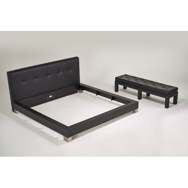CONTEMPORARY: King-sized bed and bench, USA, 2000s; Brushed steel, enameled wood, vinyl; Unmarked; 42" x 91" x 86 1/2", bench: 18" x 72" x 19 1/2"