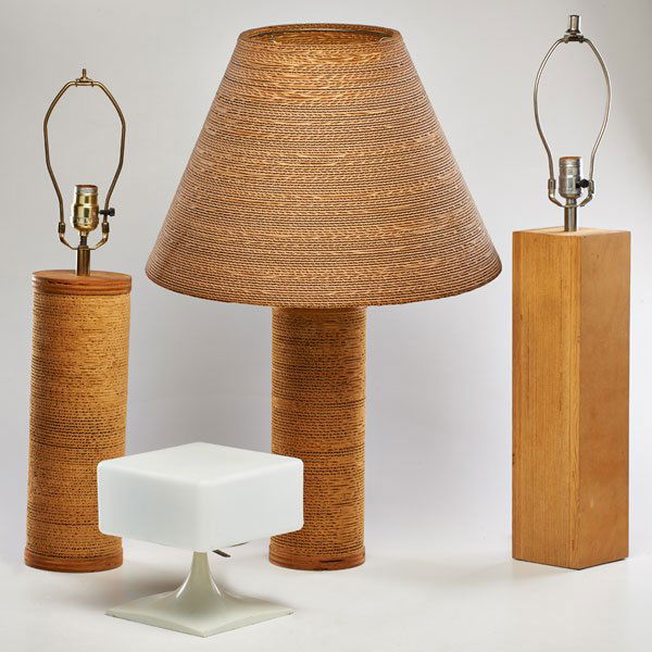 GREGORY VAN PELT (Attr.); ETC: Pair of columnar table lamps, one with original shade, together with similar rectangular and frosted glass cube lamp, USA, 1970s; Unmarked; Tallest: 29 1/2" x 4 3/4"