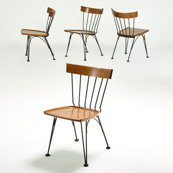 LEE WOODARD: Dining set: table and four side chairs, USA, 1950s; Enameled iron, stained oak; Unmarked; Table: 27" x 50" x 31 1/2, chairs: 32" x 17" x 22"