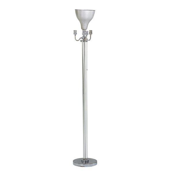 STYLE OF GILBERT ROHDE: Floor lamp, USA, 1940s; Glass, nickeled brass, aluminum, four sockets; Unmarked; 63" x 10" dia.