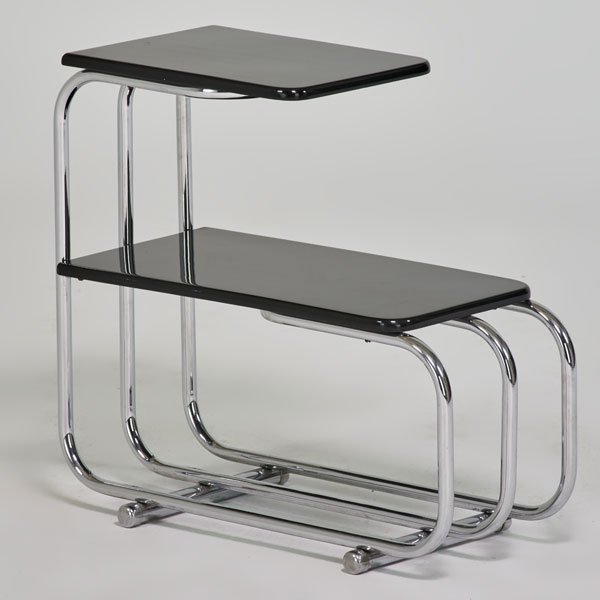 ALFONS BACH; LLOYD LOOM MANUFACTURING CO.: Side table, Menominee, MI; Chromed steel, enameled wood; Decal label; 23 1/4" x 25 1/2" x 11"