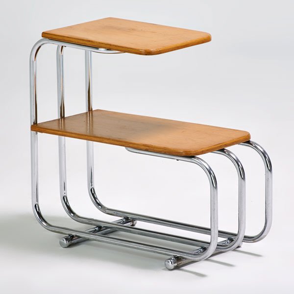 ALFONS BACH; LLOYD LOOM MANUFACTURING CO.: Tiered side table, Menominee, MI, 1930s; Tubular steel, birch plywood; Paper label; 23" x 26" x 11"