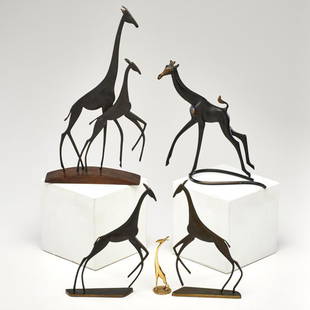 RICHARD ROHAC; HAGENAUER WEIN, ETC: Five giraffe figurines: three Hagenauer, one Rohac and one similar; Vienna, ca. 1930; Wood, brass and bronze; Stamped MADE IN AUSTRIA with HAGENAUER mark; Tallest: 12" x 7" x 2"