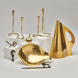 RICHARD ROHAC; HAGENAUER WEIN, ETC.: Rohac fish plate and lion letter opener, Hagenauer pitcher and corkscrew together with similar candlesticks, bottle opener and souvenir spoon, Vienna/England/Germany, ca. 1930; Brass, bronze, wicker;