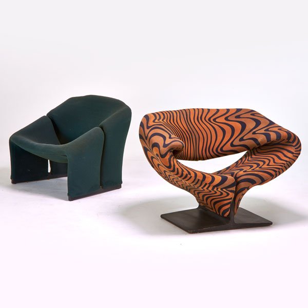 PIERRE PAULIN; ARTIFORT: "Ribbon" and "598" lounge chairs, France, 1970s; Jack Lenor Larsen stretch fabric, painted wood, metal; Foil label on ribbon chair; Ribbon: 28" x 39" x 30"