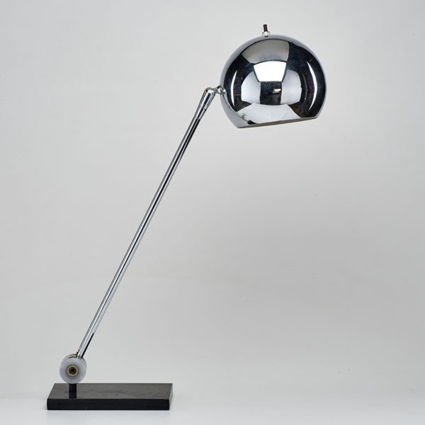 ROBERT SONNEMAN: Orbiter wall sconce and adjustable desk lamp, USA, ca. 1970; Chromed enameled steel, resin; Orbiter marked; 42 1/4" x 18 1/4" x 5 1/2"