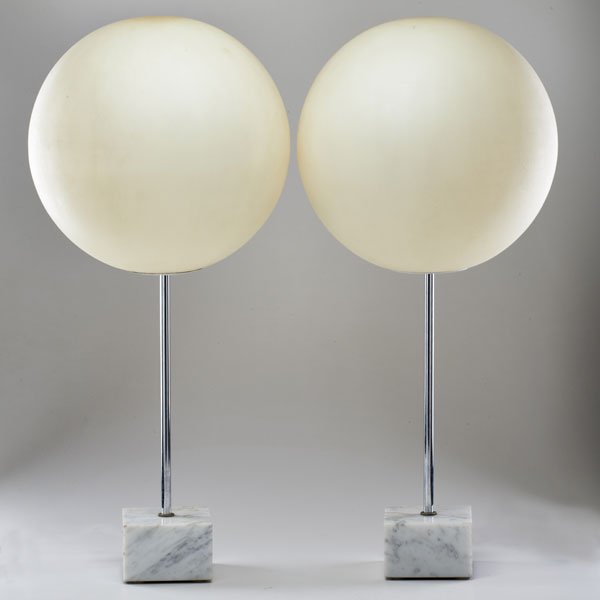 ROBERT SONNEMAN: Pair of oversized globe table lamps, USA, ca. 1960; Marble, chromed steel, composite; One with foil label; 34" x 16" x 16"