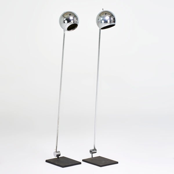 ROBERT SONNEMAN: Pair of adjustable floor lamps, USA, 1970s/1980s; Chromed and enameled steel; Unmarked; As shown: 54 1/2" x 19" x 8"