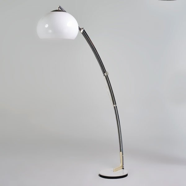 HARVEY GUZZINI: Adjustable arching floor lamp, Italy, 1960s/1970s; Chromed and enameled metal, acrylic shade; Unmarked; As shown: 80" x 50" x 16"