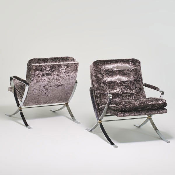 SELIG: Pair of lounge chairs, USA, 1970s; Chromed steel, cut velvet; Unmarked; 33" x 27" x 33 1/2"