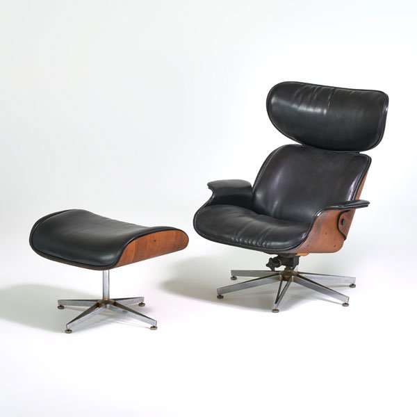 GEORGE MULHAUSER (Attr.); PLYCRAFT: Lounge chair and ottoman, USA, 1960s; Walnut, chromed steel, vinyl; 39" x 31" x 35"
