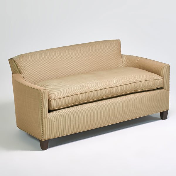CONTEMPORARY: Loveseat, 1996; Stained wood, silk upholstery; Unmarked; 29" x 22" x 35"