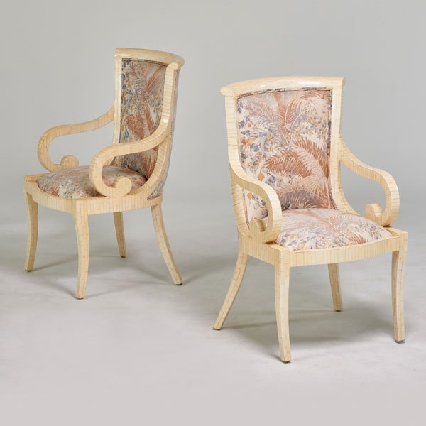 ENRIQUE GARCEL: Pair of bone-clad and upholstered armchairs, Colombia, 1980s; Stenciled markings; 39 1/2" x 23" x 27"