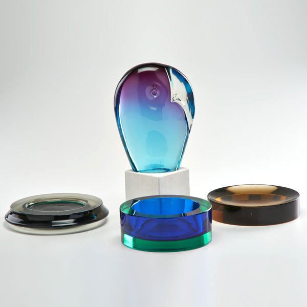 LUCIANO GASPARI, WARD BENNETT, AND S. ASTI; SALVIA: Four pieces: Parrot, two ashtrays and bowl, Italy, ca. 1970s; Glass; Most marked, partial label on parrot; Parrot 9 1/2" x 7" x 3"