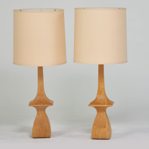 FREDERICK COOPER: Pair of large table lamps, USA, ca. 1960; Sculpted wooden base, linen shade; Unmarked; 44" x 18"