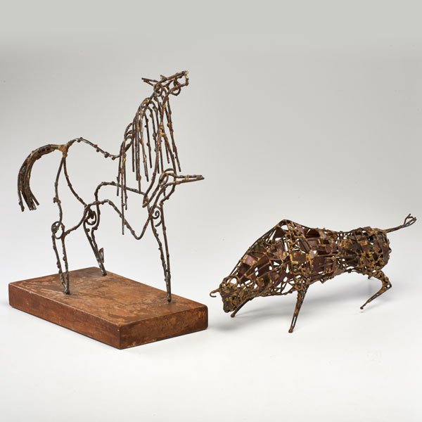 FANTONI, ETC.: Prancing horse tabletop sculpture and similar bull, Italy, ca. 1960; Welded steel, patinated copper and wood; Horse signed "Fantoni Italy Raymor"; 16 3/4" x 18 1/2" x 7"